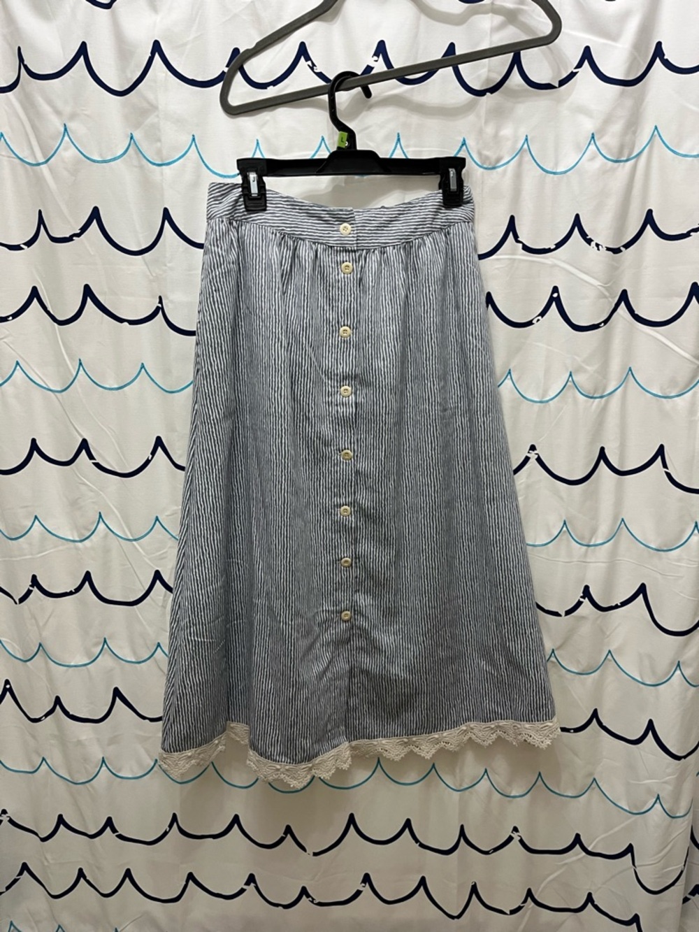 Umgee Navy and White Striped Button-Front Midi Skirt with Lace Trim